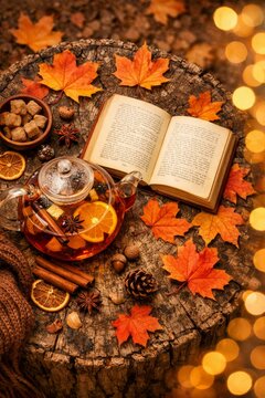 Autumn tea and open book on rustic stump with maple leaves and spices for cozy fall poster and seasonal flatlay background