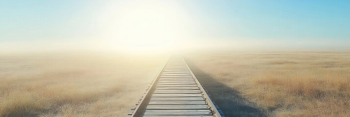 Obraz premium Wooden boardwalk path leading through a vast misty field during a serene and quiet autumn morning