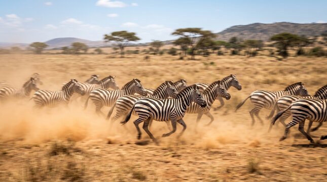 Zebras Galloping Across African Savanna Kicking Up Dust