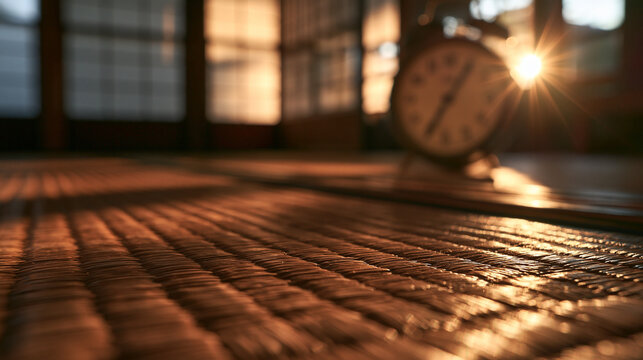Alarm Clock on Tatami Mat in Morning Sunlight