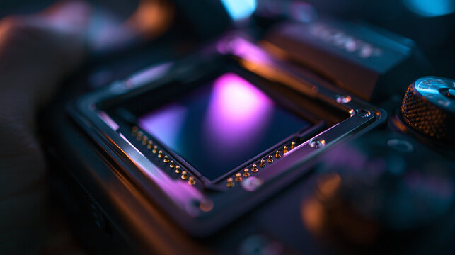 Close Up of Digital Camera Sensor with Neon Light Reflections