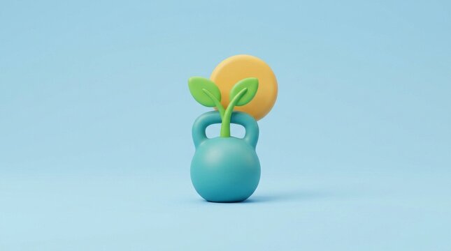 Women Wellness and Healthy Longevity, A whimsical kettlebell with a sprouting plant, symbolizing fitness and nature.