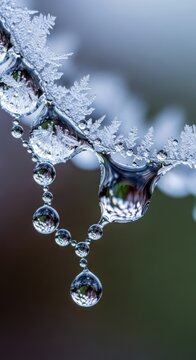 Close-up of frozen water droplets on a branch with ice crystals in winter.