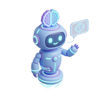 3d illustration of a cute blue robot with a glowing brain and speech bubble, isolated on transparent background