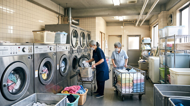 介護施設の洗濯室で作業するスタッフ