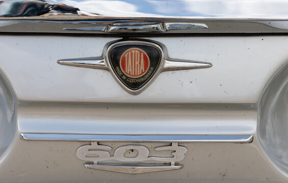 Koprivnice, Czech Republic, Czechia - 31 May, 2026: Tatra - logo and brand of car and auto manufacturer. Detail of old historical classic vintage vehicle.	