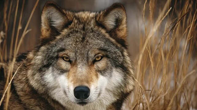 A close-up portrait of a wolf, facing forward, nestled amongst dry, golden grasses