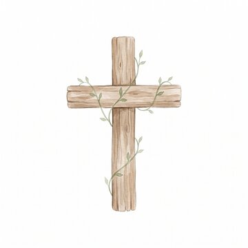 Watercolor Illustration of a Rustic Wooden Christian Cross