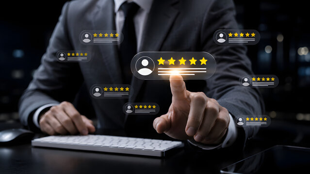 Concept of good customer reviews and opinions, a man in a suit interacting with a floating digital 5-star customer review. Testimonials and testimonials, user comments and opinions for reviews.