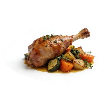 Roasted turkey leg or chicken drumstick with roasted vegetables and herbs on a white background