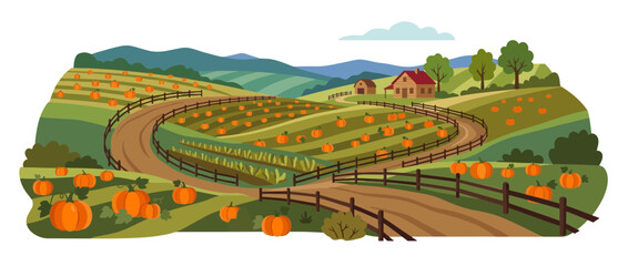 Fototapeta premium Autumn Pumpkin Patch Field with Farmhouse and Country Road Illustration
