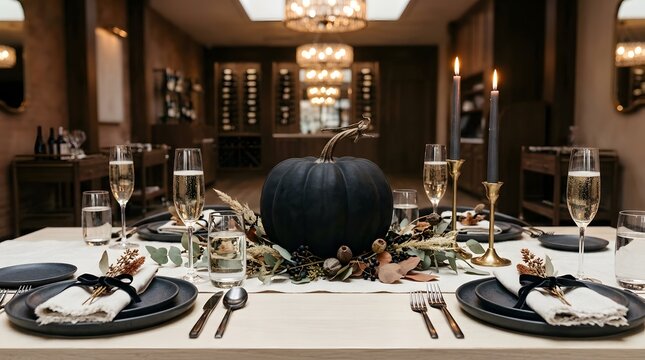 Elegant fall table setting with black pumpkin centerpiece and champagne glasses