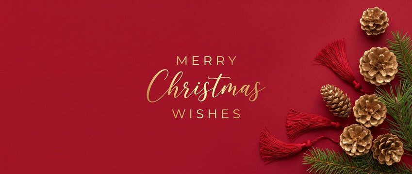 Christmas background red gold pinecone banner with elegant typography greeting text, featuring golden pine cones, fir branches, and red tassels for luxury holiday celebration and social media copy spa