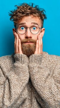 A bewildered bearded man holding his cheeks against a blue background.