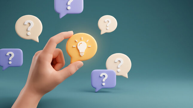 Strategic brainstorming concept showing hand selecting bright lightbulb idea from floating question marks symbolizing business discovery