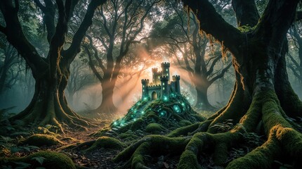 Fototapeta premium Small stone castle sits on mossy hill within old growth forest. Sun rays pierce trees, illuminating magical glowing lights. Misty atmosphere creates dreamlike fantasy scene.