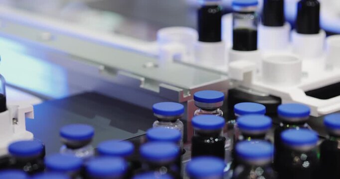 Robotic handling system sorts capped glass vials between carrier trays. Precision gripper transfers each container into correct position on automated line