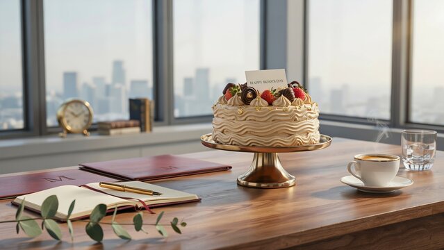 Gourmet celebration cake on office desk, professional birthday cake with city view, corporate success party with coffee and stationery