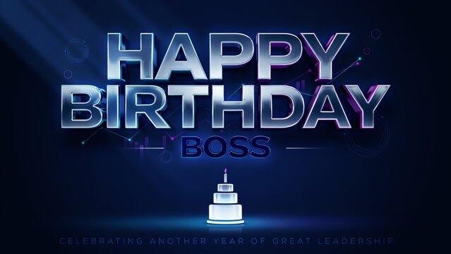 Happy Birthday Boss greeting card, corporate celebration banner for leadership, professional blue metallic typography with cake icon