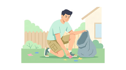 Fototapeta premium Young Man Kneeling on Grass Cleaning Up Litter and Putting Trash in a Bag for Environmental Cleanup and Sustainability Concept