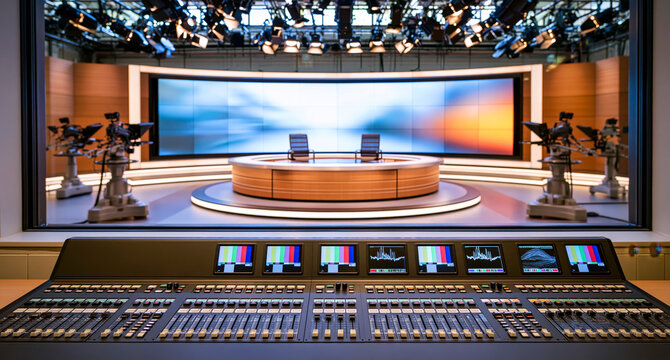 Broadcast Control Console Overlooking Empty Television News Studio with Cameras