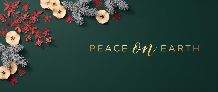 Christmas background peace on earth gold text flat lay featuring dried apple slices, red paper flowers, and silver pine branches on dark green surface for seasonal holiday banner with copy space.