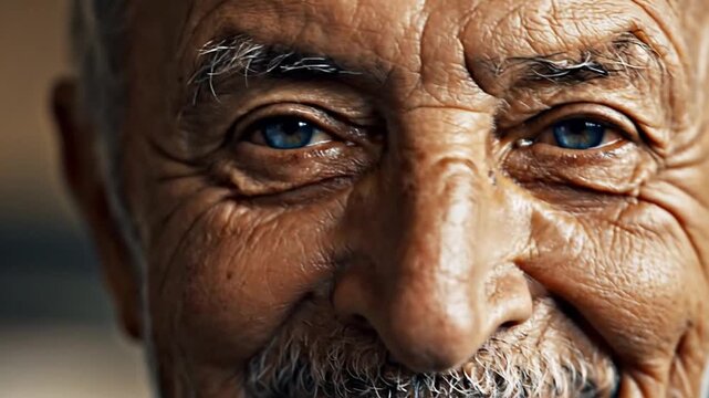 A close portrait of an elderly man with bright blue eyes