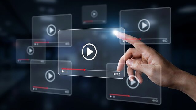 A hand touching on a futuristic virtual screen with play button, multiple transparent video players floating in dark digital background.