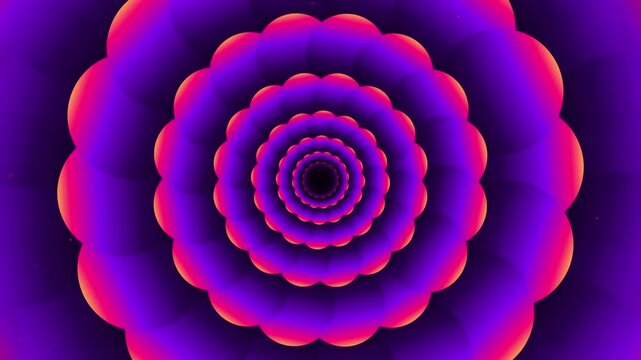 Neon purple and pink flower tunnel motion background, hypnotic abstract fractal animation, seamless loop for digital and visual effects