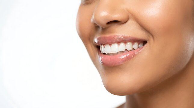 Close-up portrait of a smiling woman with straight white teeth and natural