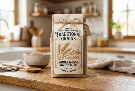 Traditional whole wheat stone ground grain bag on kitchen counter for organic food packaging mockup and rustic pantry product display