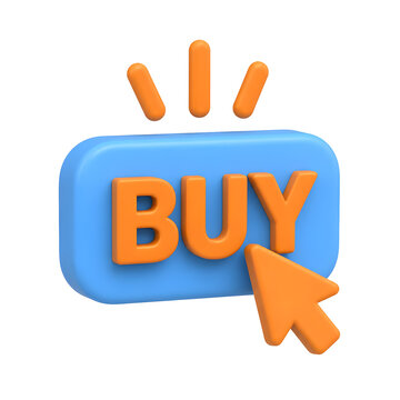 Bright blue buy button with orange cursor on transparent background
