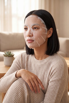 Woman wearing a sheet mask for facial treatment and at home spa relaxation scene for wellness banner and self care promotion