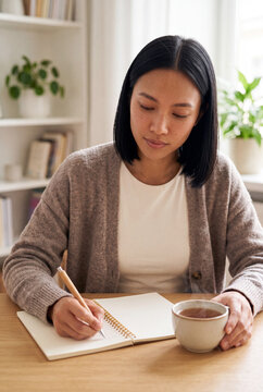 Woman writing in a notebook while holding a cup of tea in a cozy home workspace for planner or journal background and banner design
