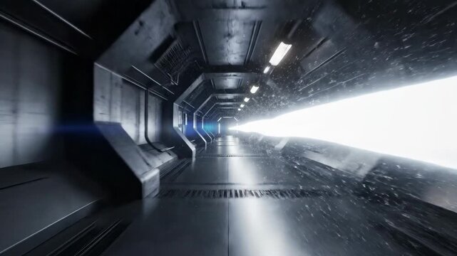Futuristic dark metallic corridor with bright light beam piercing through dusty particles, creating abstract sci-fi journey into unknown