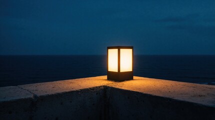 Obraz premium Illuminated lantern sits on rooftop concrete edge. Evening sea backdrop creates calm coastal atmosphere. Modern outdoor light fixture glows.