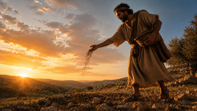 Depiction Of The Parable Of The Sower As An Ancient Farmer Scatters Seed ground Illustrating The Teachings Of Jesus In The New Testament