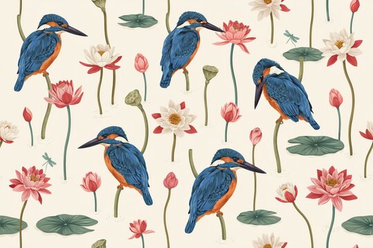 Seamless pattern featuring blue kingfisher birds perched on lotus stems with blooming pink and white lotus flowers and lily pads