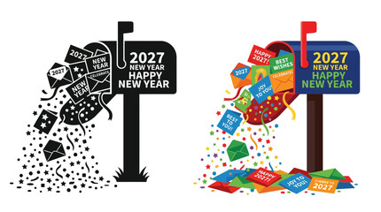 Mailboxes overflowing with new year greetings and colorful confetti on white © Mizanur