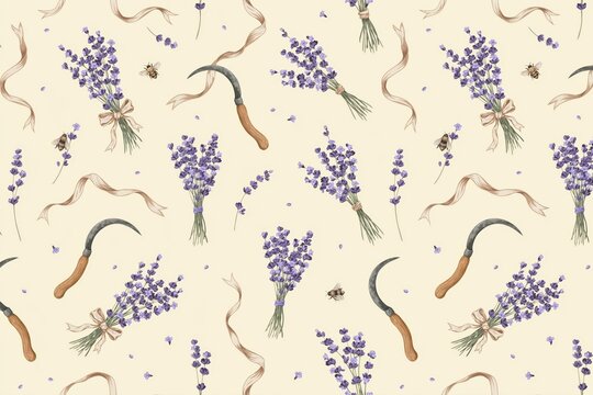 Seamless pattern featuring bouquets of purple lavender flowers, curved metal sickles, honey bees, and ribbons on a light beige background for