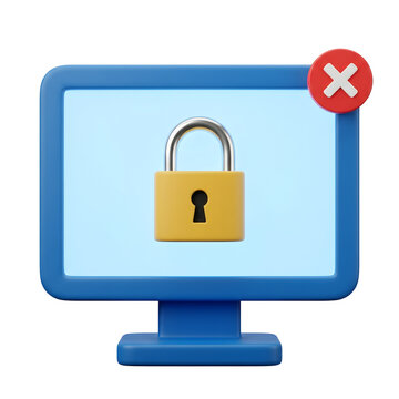 Digital computer monitor showing yellow padlock icon on transparent background