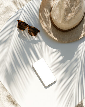 Top view of smartphone with blank screen, straw hat and sunglasses in tropical sunlight