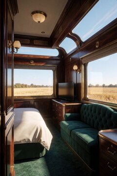 Luxurious train bedroom with dark wood paneling and plush green sofa. Comfortable bed with white linens. Large windows show passing field landscape under clear blue sky.