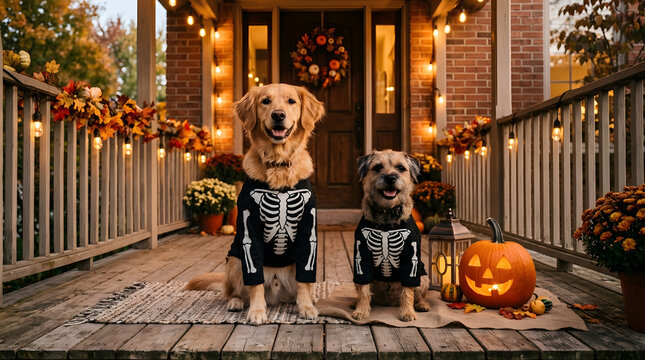 Golden retriever and terrier dogs wearing black skeleton printed sweaters sitting together on a decorated front porch with a lit jack-o'-lantern pumpkin.