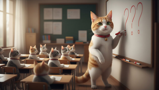 Cat teacher writing question marks on whiteboard for students
