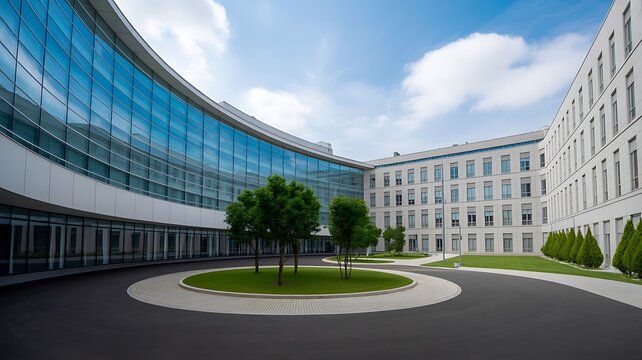 Contemporary glass building courtyard with green trees and walkway under blue sky, architecture