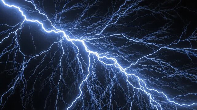 Intense blue lightning bolt striking across a dark night sky background