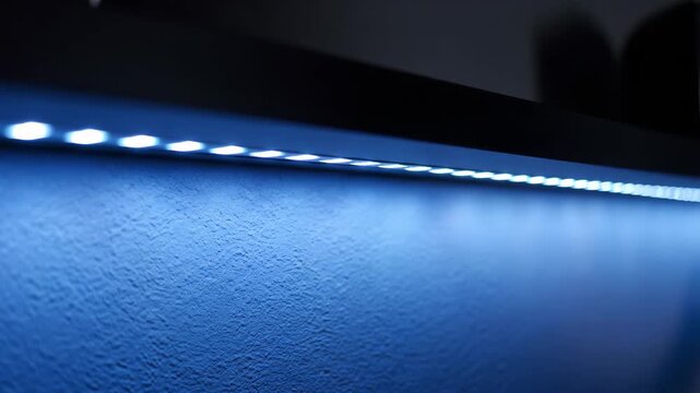 Blue light emitting diode strip illuminates textured wall in dark room, modern energy efficient lighting solution providing subtle accent glow, technology creating ambient atmosphere