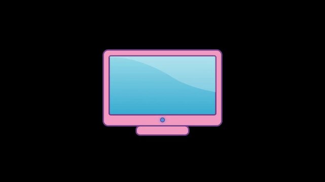 Pink computer monitor with blue screen on black background.