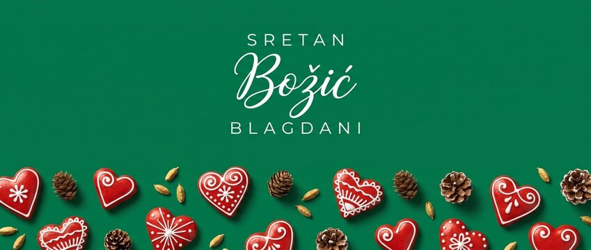 Croatian Merry Christmas gingerbread banner Sretan Bozic Blagdani text on green background with heart cookies, pinecones, cardamom pods border, festive holiday background, greeting card copy space